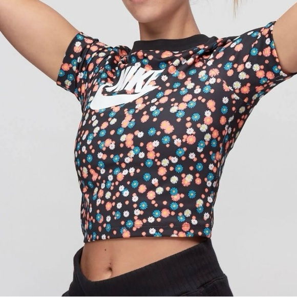 Nike‎ Retro Floral Crop Top Spellout Workout Tee Womens Large - Picture 1 of 8